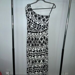 Carol Little one shoulder black white tribal print maxi dress Sz 8 vintage